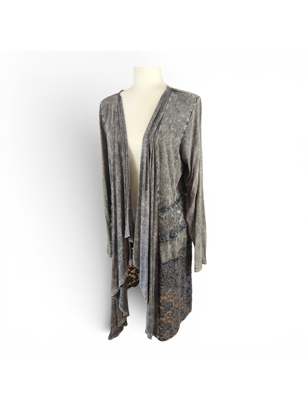 Vintage Grunge Fairy Black Acid Wash Open Cardigan LARGE Stretch Lace Whimsigoth